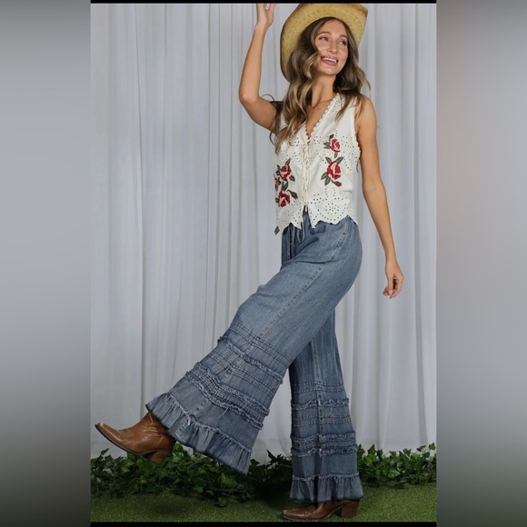 Dark wash ruffled western boho palazzo wide leg chambray denim pant jeans - Picture 6 of 9